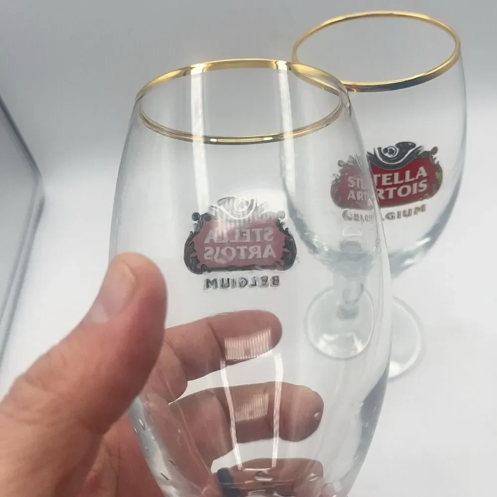 STELLA ARTOIS Belgium Chalice Beer Glass 33 CL Gold Rim (Set Of 2)